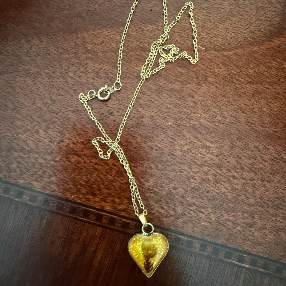 Gold Heart Pendant Necklace with Yellow Flower in Resin Accent